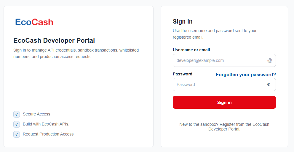 EcoCash Developer Portal sign-in page