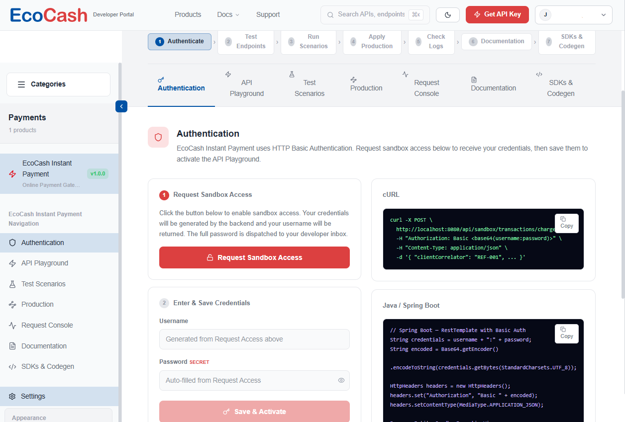 Authentication tab with the Request Sandbox Access button