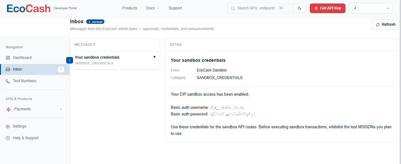 Inbox message containing the sandbox credentials
