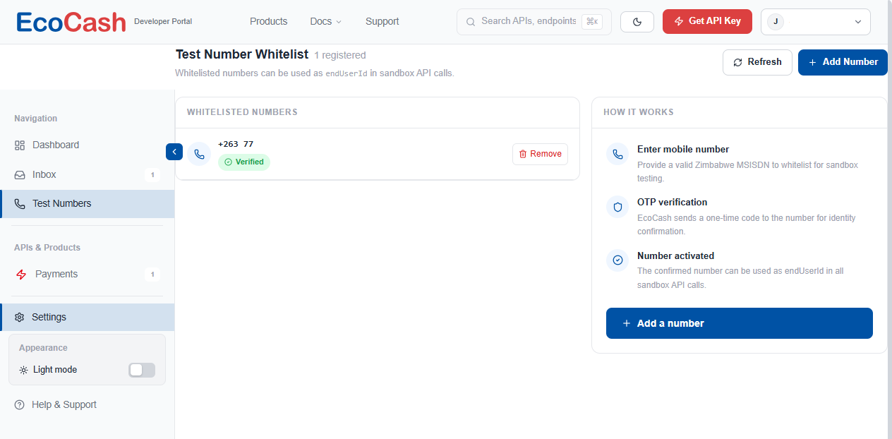 Test Number Whitelist page with one verified number