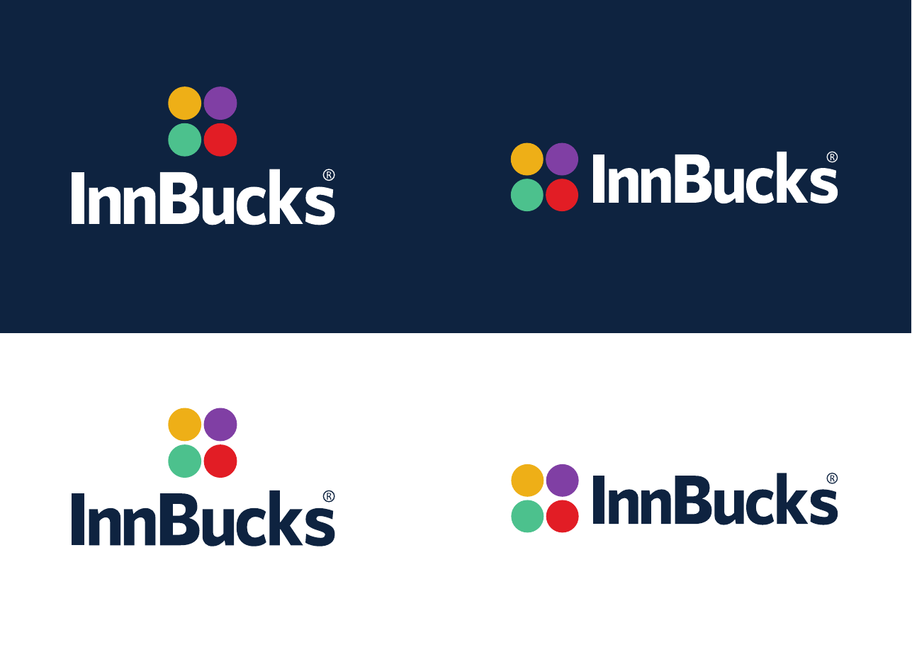 The InnBucks logo in its approved variants: stacked and horizontal, full colour and white on navy, full colour and navy on white, and single-colour grey versions