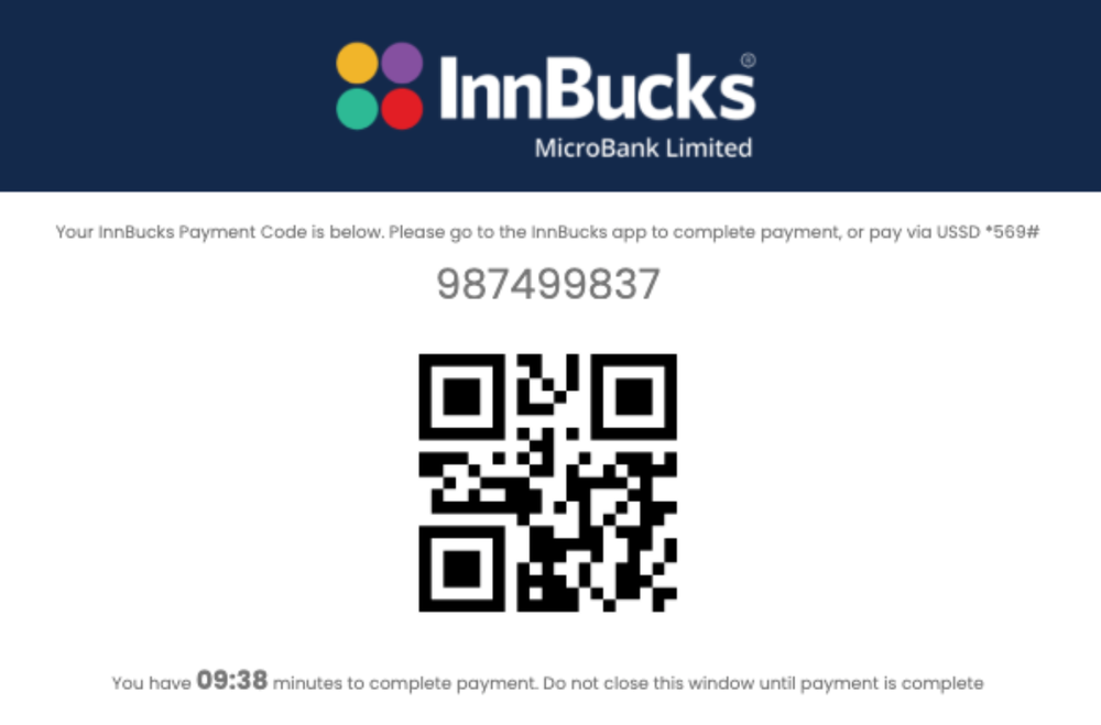 InnBucks payment code screen: the InnBucks MicroBank logo, the instruction to pay in the app or via USSD *569#, a 9-digit payment code, its QR code, and a 10-minute countdown